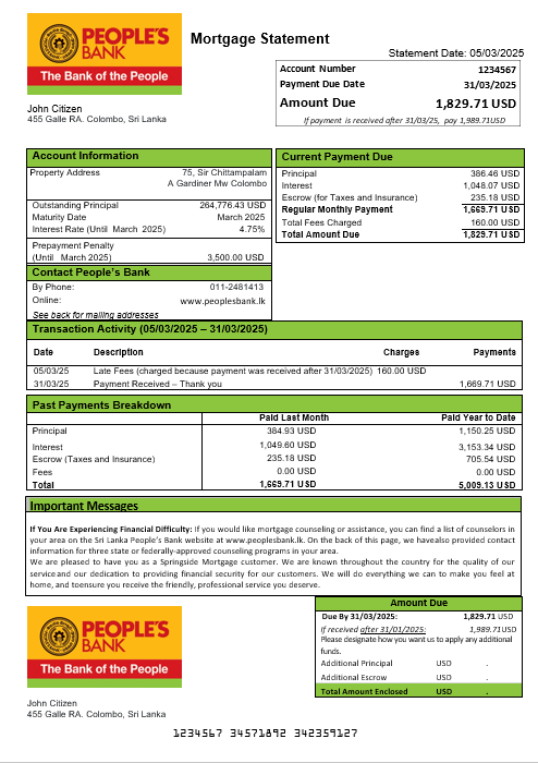 Download Sri Lanka People’s Bank  mortgage statement in Word and PDF formats Photoshop template